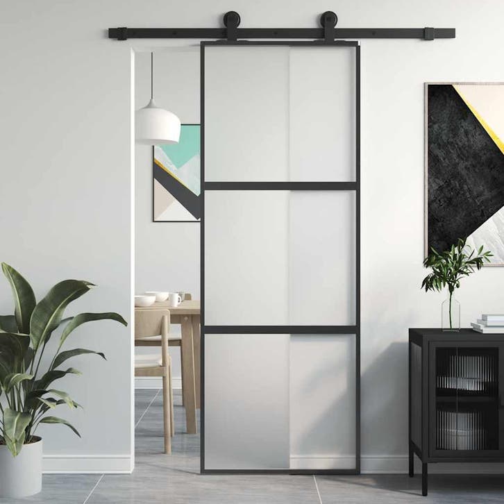 vidaXL Schuifdeur 76x205 cm gehard glas en aluminium zwart, Doe-het-zelf en Bouw, Deuren en Vliegenramen, Nieuw, Verzenden