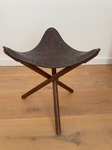 Kruk - Leather Tripod Stool - Tuigleer - Mid-Century -