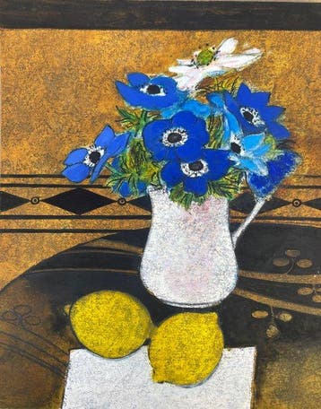 Yves Ganne (1931-2019) - Bouquet de fleurs bleues et citrons