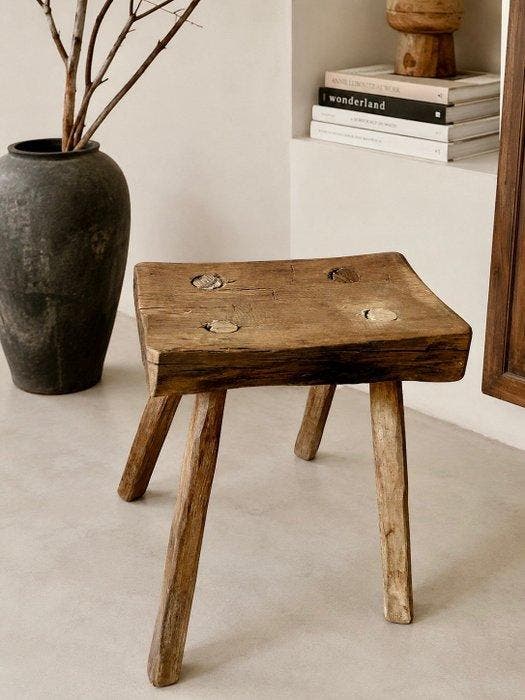 Kruk - Eik - Oude handgemaakte eikenhouten kruk, Antiquités & Art, Art | Objets design