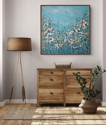 Irina Morisch - Blue garden-square floral artwork on linen-