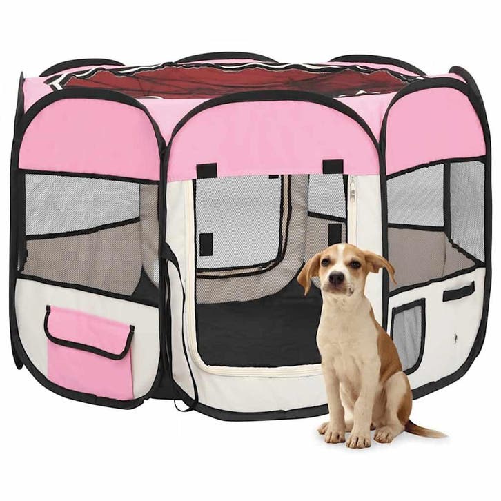 vidaXL Hondenren inklapbaar met draagtas 90x90x58 cm roze, Dieren en Toebehoren, Hondenbenches, Nieuw, Verzenden