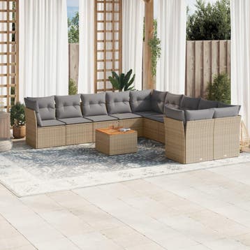 vidaXL 11-delige Tuinset met kussens poly rattan beige, Verzenden, Tuinset