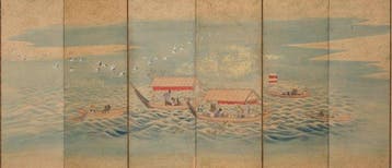 Byôbu  (vouwscherm) - Bladgoud, gelakt hout, zijde - Japan