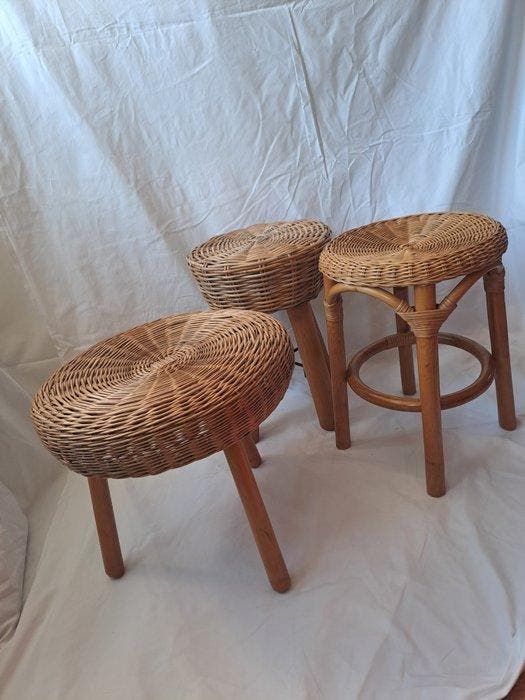 Tabouret - Rotin - Trois tabourets vintage, Antiquités & Art, Art | Objets design