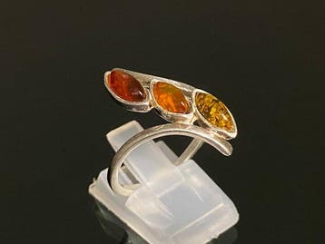 Vintage Unieke 3-Stenen Baltische Amber Statement Ring - 925