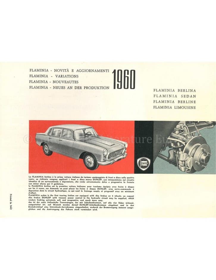 1960 LANCIA FLAMINIA PROGRAMMA BROCHURE, Livres, Autos | Brochures & Magazines