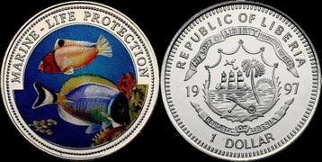 Liberia 1 dollar 1997- Marine-life protection koper-nikkel, Timbres & Monnaies, Monnaies | Amérique, Verzenden