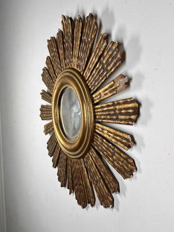 Miroir- Miroir convexe en bois doré à motif soleil espagnol