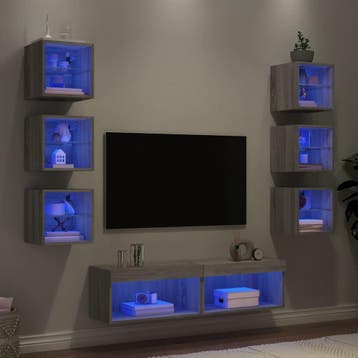 vidaXL 8-delige Tv-wandmeubelset met LED bewerkt hout grijs, Verzenden, Nieuw