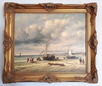 F. Huber (XX-XXI) - Strandzicht met vissersboten