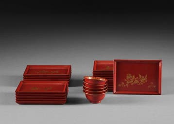 Set van 20 kleine schalen en 5 kopjes - gelakt hout - Japan, Antiek en Kunst