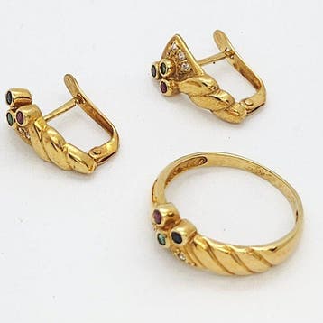 Ensemble de bijoux 2 pièces - 18 carats Or jaune - 0.04ct., Handtassen en Accessoires, Antieke sieraden