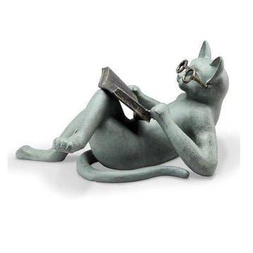 sculptuur, Decorative Cat Figurine Reading Book with Glasses
