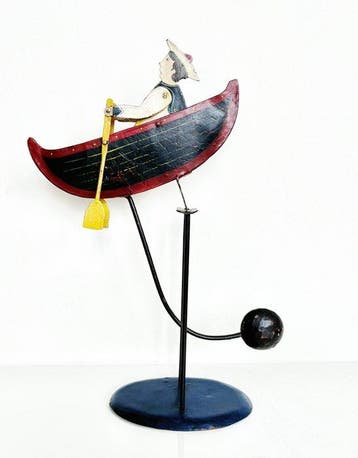 Vintage Folk Art Balancing Boat Toy with Rower - sculptuur,