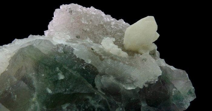 Kwarts op Fluoriet-octaedronen en Calciet - Fontsante mijn,, Verzamelen, Mineralen en Fossielen