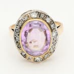 Bague - 14 carats Or jaune, Platine Améthyste - Diamant