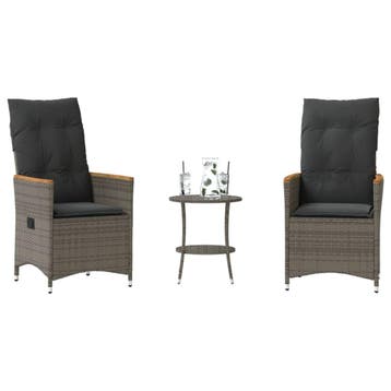vidaXL 3-delige Bistroset met kussens poly rattan grijs, Tuin en Terras, Verzenden, Nieuw