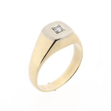 Bicolor gouden zegelring met diamant 0,09 ct., Handtassen en Accessoires, Ringen, Gebruikt, 19 tot 20, Heer, Ophalen of Verzenden