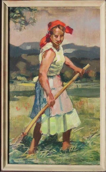 Europese school (XX) - Junge Bäuerin bei der Heuernte