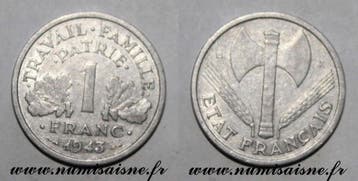 1943 France Frankreich Km 902 1 Franc 1944 B Beaumont le..., Postzegels en Munten, Verzenden, België