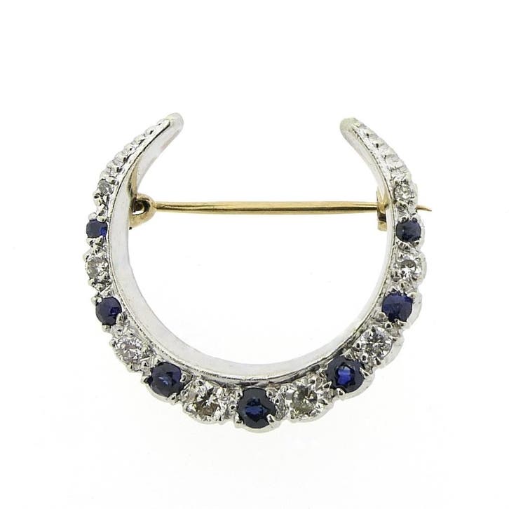 9 karaat broche met saffier en diamant; 0,34 ct., Bijoux, Sacs & Beauté, Broches, Enlèvement ou Envoi