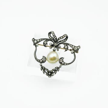 Broche - 14 karaat Roségoud, Zilver Parel - Diamant