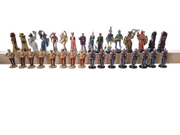 Hand painted metal chess set depicting a medieval theme -