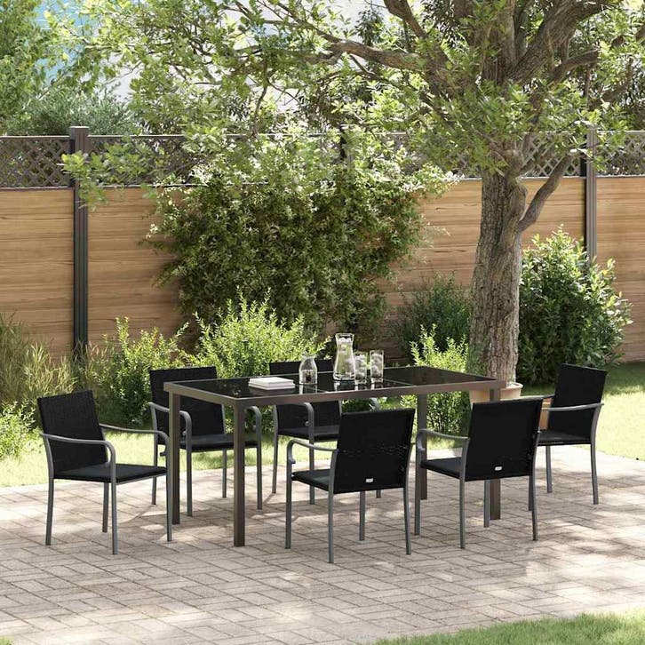 vidaXL Tuin Eettafel Set 7 pcs Zwart en Grijs PE Riet, Tuin en Terras, Tuinsets en Loungesets, Nieuw, Verzenden