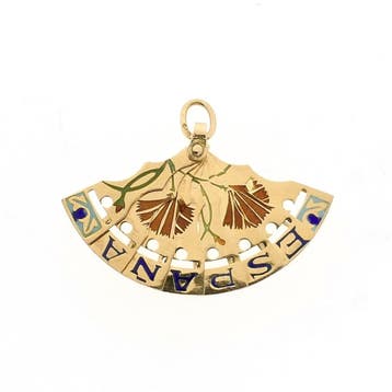 Gouden hanger van een Spaanse waaier met emaille, Ophalen of Verzenden, Gebruikt, Goud, Overige merken
