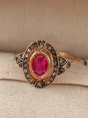 Zonder minimumprijs - Ring - 9 kt. Zilver, Roségoud Robijn -, Nieuw