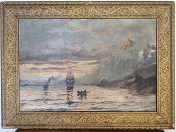 Julius Monien (1842-1897) - Ships in a Fjord at Sunset