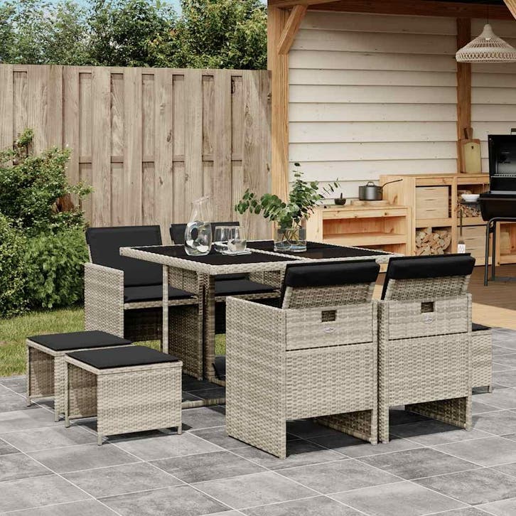 vidaXL 9-delige Tuinset met kussens poly rattan lichtgrijs, Tuin en Terras, Tuinsets en Loungesets, Tuinset, Nieuw, Verzenden