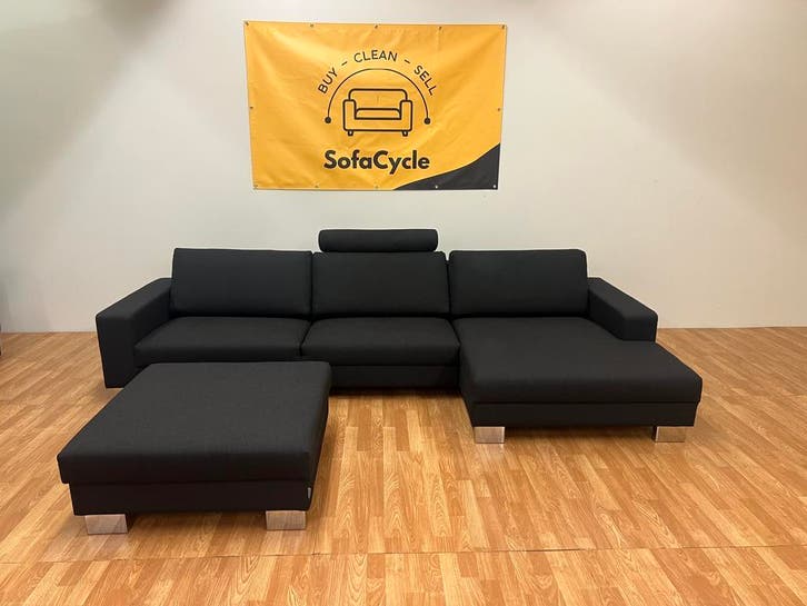 SofaCycle - Zwarte SITS driezit met chaise longue en poef, Maison & Meubles, Canapés | Coins salons complets, Enlèvement ou Envoi