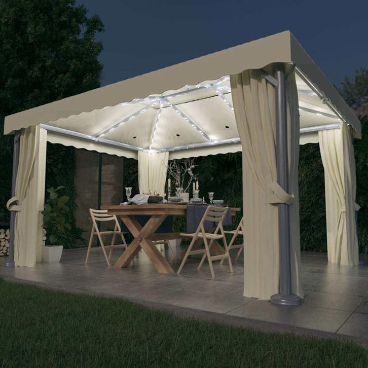 vidaXL Prieel met gordijn en LED-lichtslinger 4x3 m crèmewit, Jardin & Terrasse, Tonnelles, Envoi