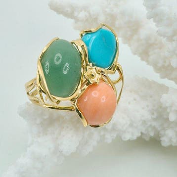 Zilver, Verguld Ring - Koraal, Parel en Jade
