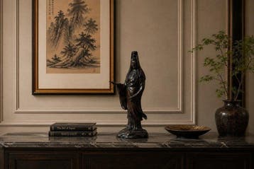 Bronze - Un grand okimono en bronze de Kannon debout, tenant, Antiek en Kunst