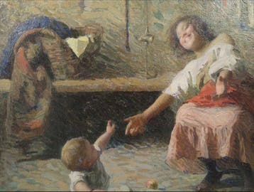 Carlo Facchinetti (1870-1935) - Interno con madre e bambino, Antiek en Kunst, Kunst | Schilderijen | Klassiek