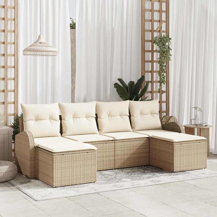 vidaXL Bankstel met kussen met opslag 6 pcs Beige en Wit, Tuin en Terras, Tuinsets en Loungesets, Nieuw, Verzenden