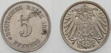 5 Pfennig 1894 G Kleinmunten-kaiserreich Grosser Adler, Verzenden, België