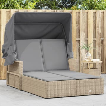 vidaXL Ligbed 2-persoons luifel en kussens poly rattan, Verzenden