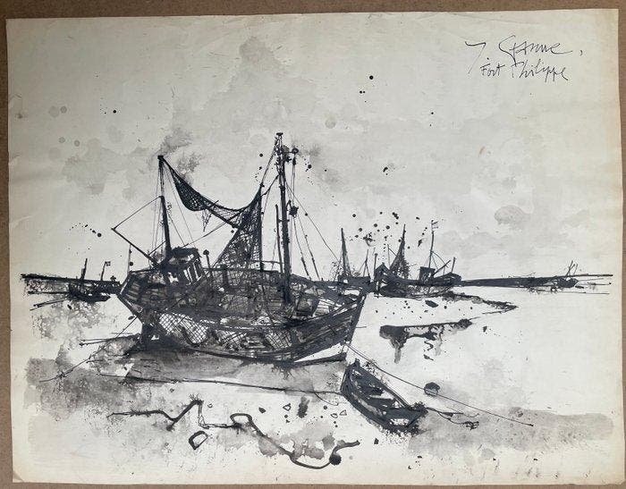 Yves Ganne (1931-2019) - Paysage Marin - Bateaux echoués à, Antiek en Kunst, Kunst | Schilderijen | Klassiek
