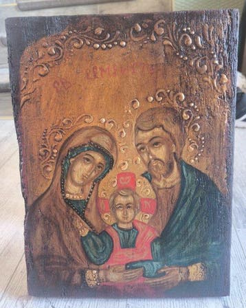 Icoon - Heilige Familie - Hout - Met de hand geschilderd -, Antiek en Kunst