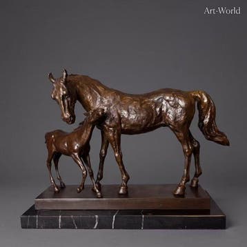 Beeld, Paard met veulen 44 cm / 11.4 kg - 33 cm - Brons,