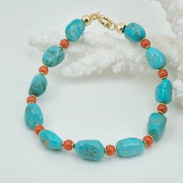 Corail rouge - Argent, Plaqué or - Bracelet - Turquoise