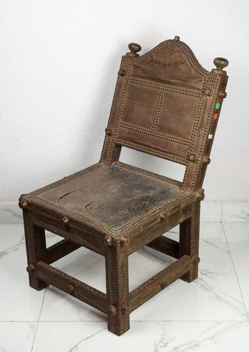 Stoel - Hout, Leder, Messing, Antiek en Kunst