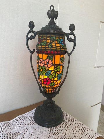 Tafellamp - gepolijste brons, Glas-in-lood, Legering, Antiek en Kunst