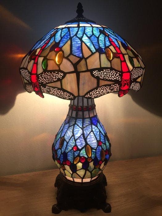 Tiffany stijl tafellamp Studio - Baby Blue Dragonfly met 2, Antiquités & Art, Art | Objets design