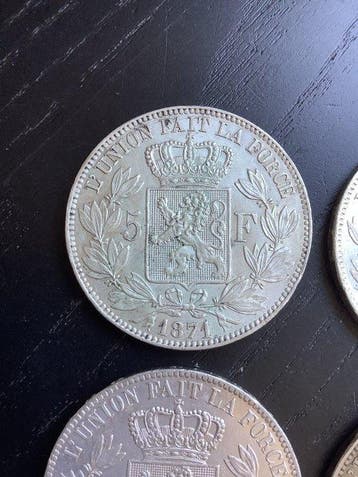 België. Leopold II. 5 Francs 1871/1875, Lot van 4 stuks, Postzegels en Munten