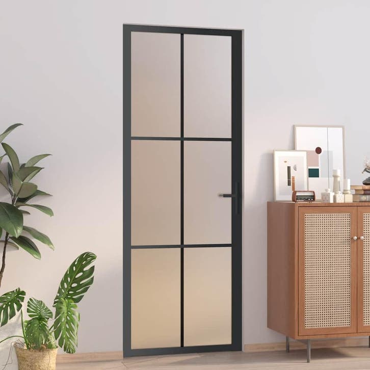 vidaXL Binnendeur 76x201,5 cm matglas en aluminium zwart, Doe-het-zelf en Bouw, Deuren en Vliegenramen, Nieuw, Verzenden